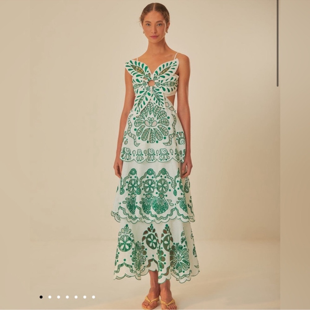 FARM Rio White and Green Tiered Eyelet Maxi Dress